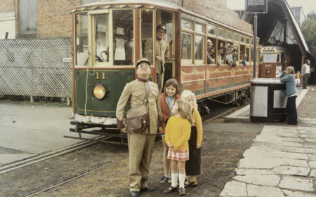 1970s tram uniform. Auckland B class tram No. 11 in foreground