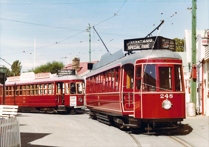 Albert Chan. March 1981. Trams 248 and 253 inside MOTAT’s Great North Road site.  This is the last time that the two Streamliners were together, as 253 went into offsite storage soon after this.  Permission and supply from Albert Chan.  