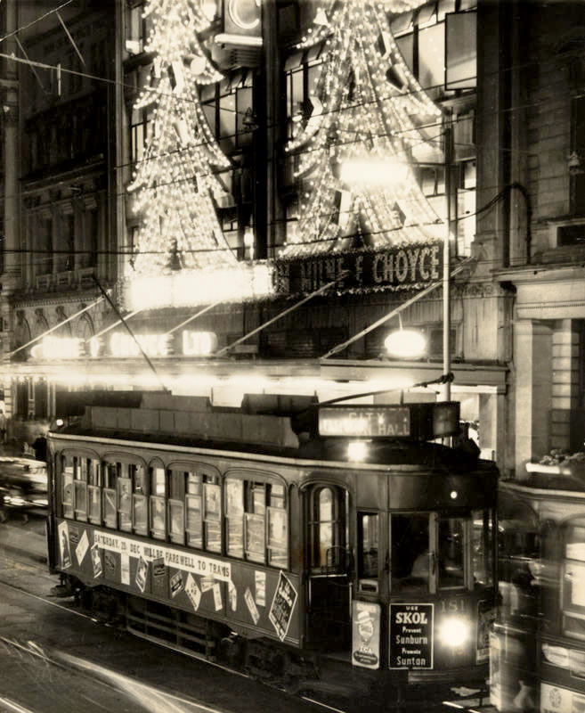 Unknown. Dec 1956. [Tram no. 181 in front of Milne & Choyce's Christmas decorated building on Queen Street], PHO-2017-5.12. Walsh Memorial Library, The Museum of Transport and Technology (MOTAT).