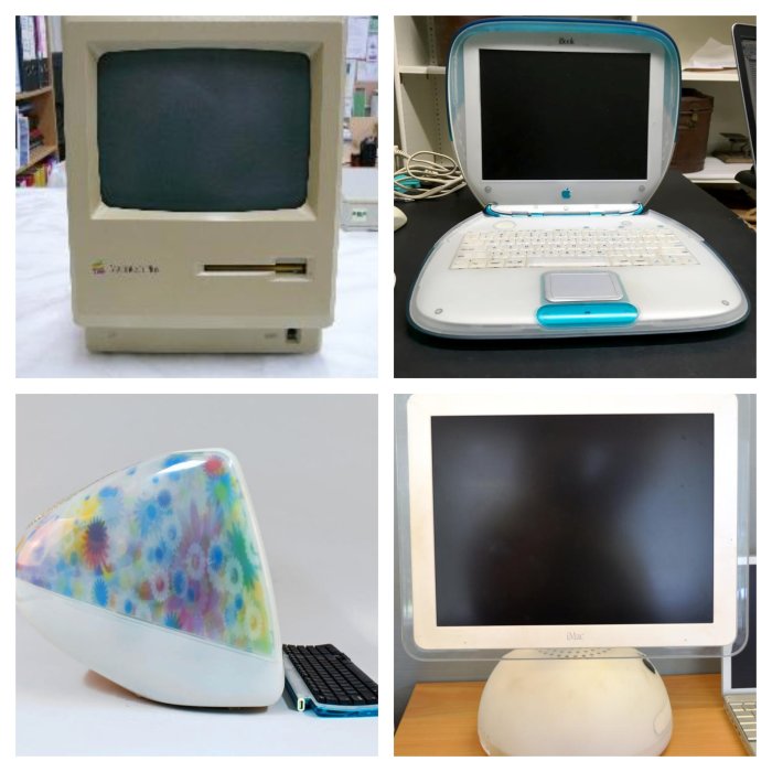 Apple computers. Clockwise: Apple Macintosh Plus 2008.25/iBook  2017.53.1/iMac M5521 2012.729/iMac M6498. The Museum of Transport and Technology (MOTAT).