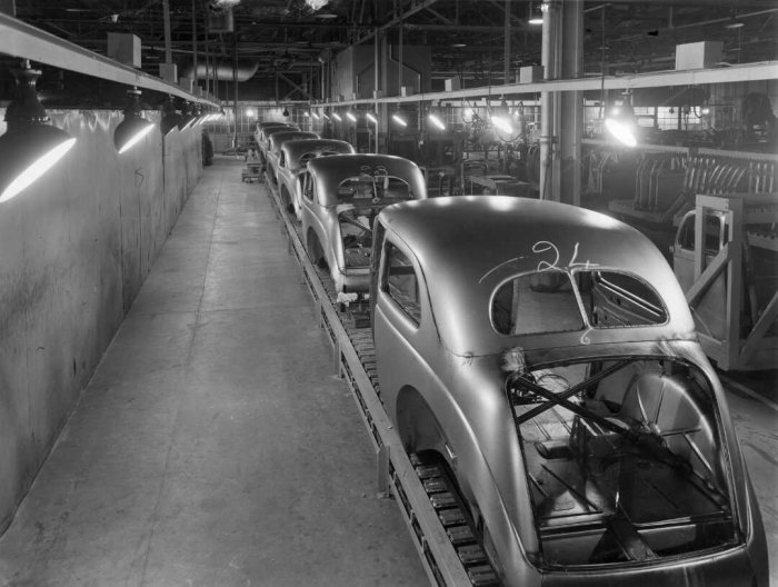 Ford V8 motor cars on an assembly line