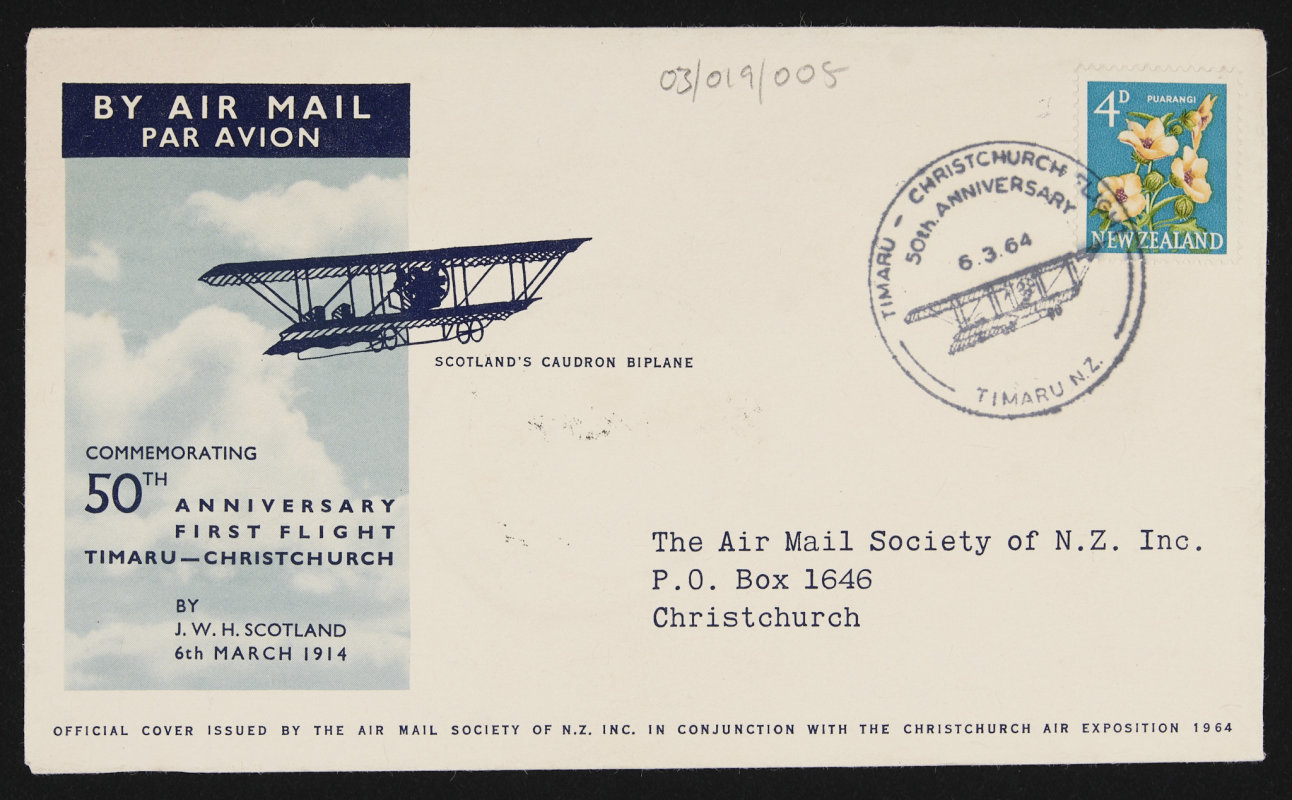 First day cover commemorating 50th anniversary first flight Timaru – Christchurch by J.W.H. Scotland, 6th March 1914, Walsh Memorial Library, MOTAT, 03-019-005