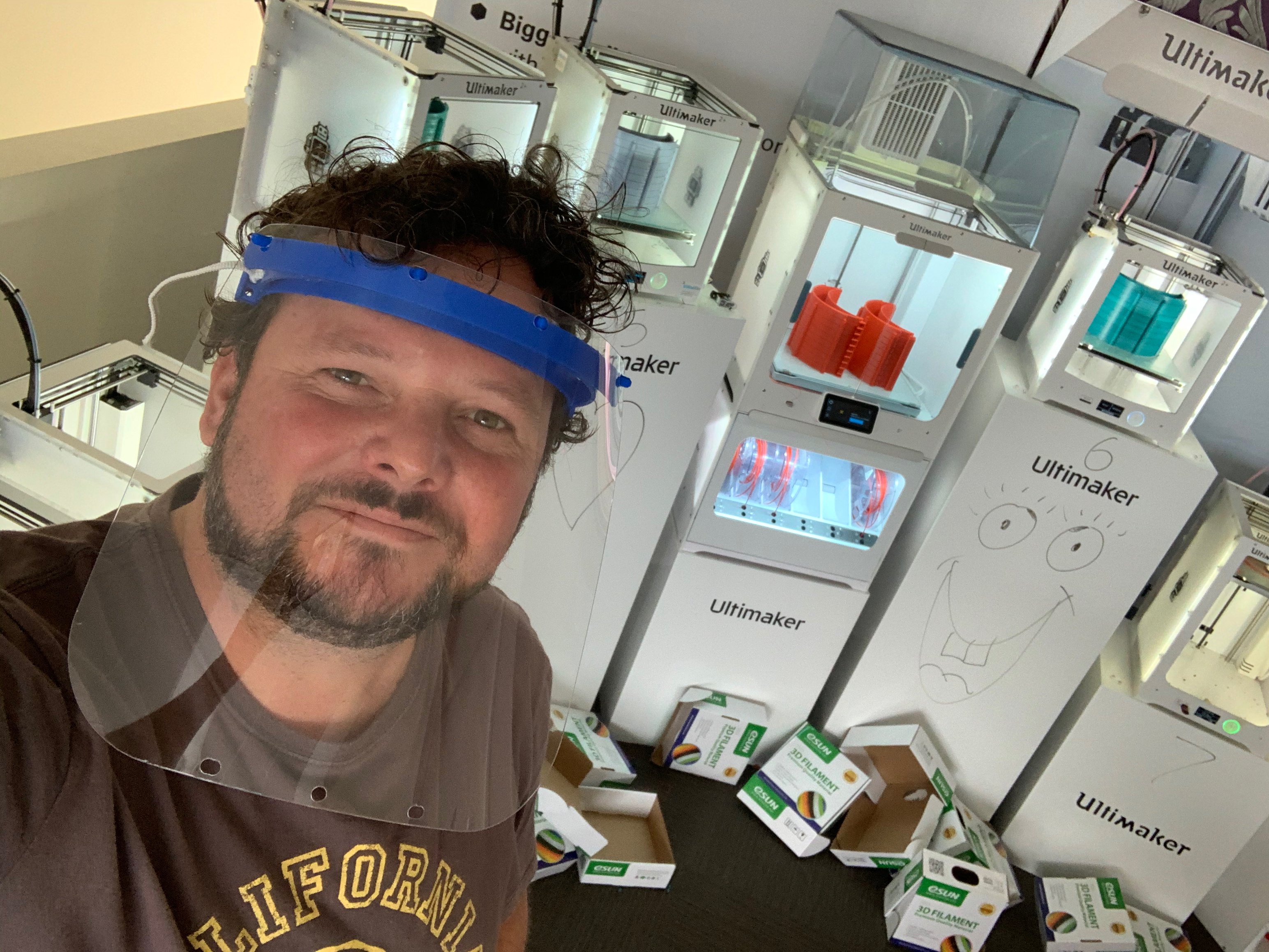 3D printers printed stacks of face shield components to meet demand. 