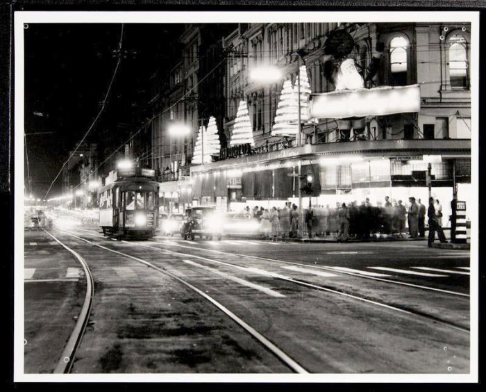  Graham Stewart. Dec 1956. [Tram 13 at night on Queen Street], PHO-2020-19.1. Walsh Memorial Library, The Museum of Transport and Technology (MOTAT).