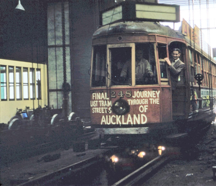 Johnny Corden. 6th June 1957.  “The Last Notch” Tram No.248 driven into the Manukau Road Workshops with Graham Stewart.  This was the last passenger tram to turn a wheel under power on Auckland Streets until 2011. Supplied by David Cawood from the Graham Stewart Collection. 