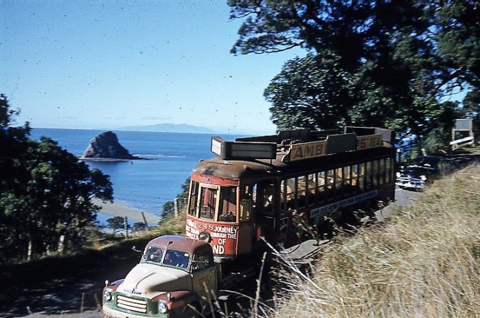 Graham Stewart. Jul 1957.  Tram 248 on its way to Matakohe, Te Tai Tokerau, for preservation. Supplied by David Cawood.  