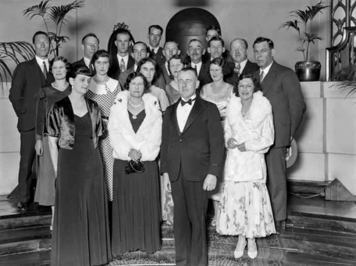 Group portrait on carpeted theatre steps, 1930s. John McGuire et al. 13-2278. Walsh Memorial Library, The Museum of Transport and Technology (MOTAT).