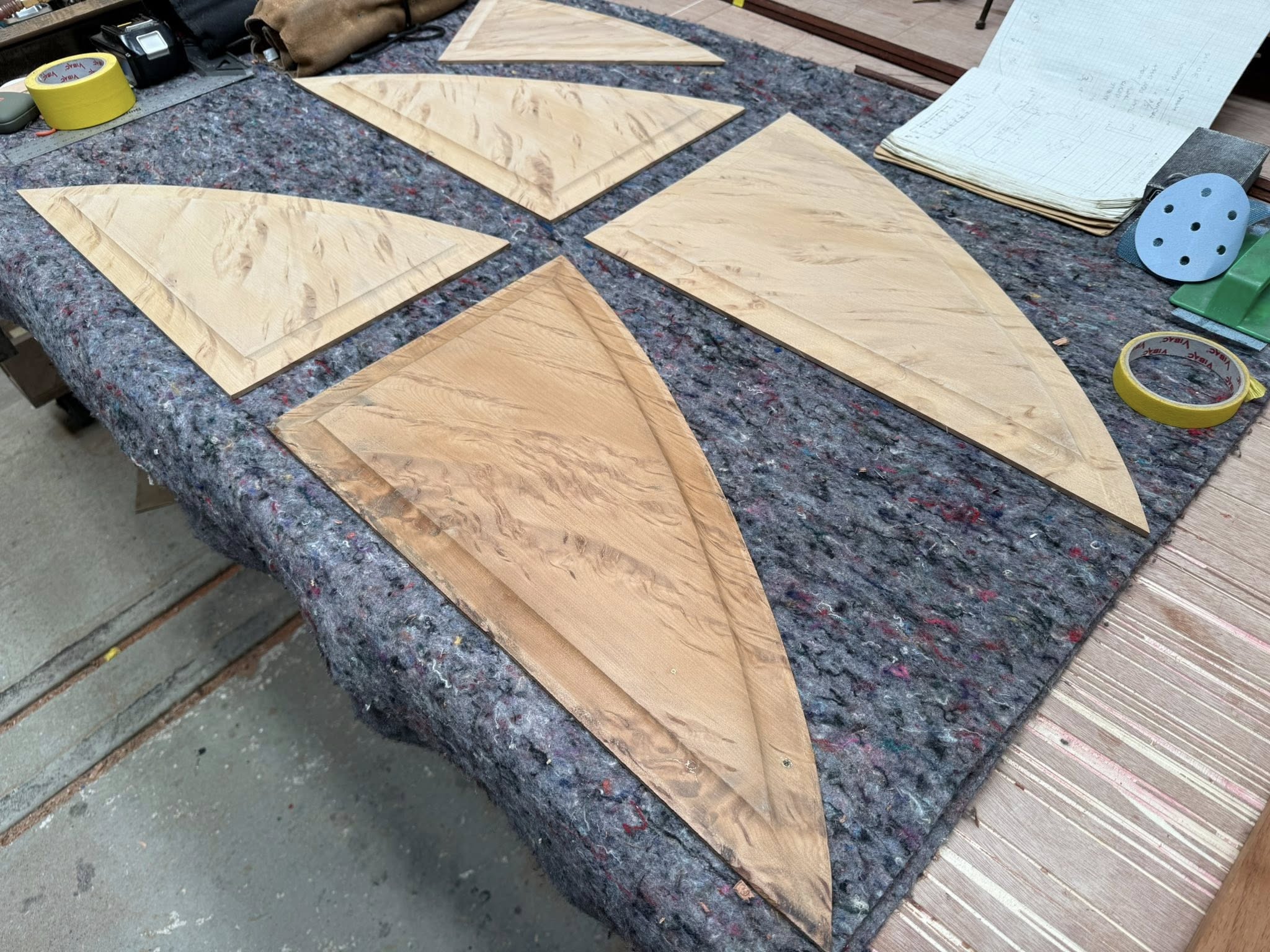 Components are either restored or remade like these rare mottled kauri panels