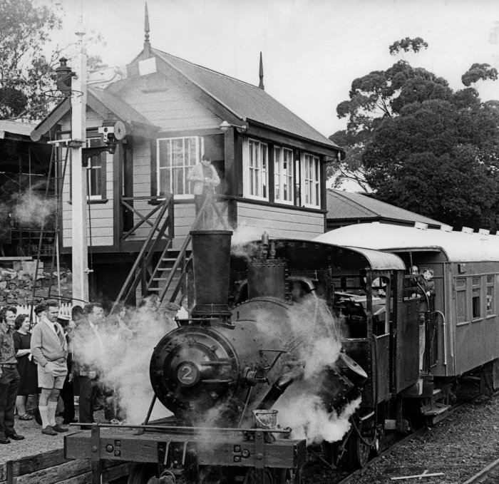 Mount Albert Signal box with locomotive at MOTAT. Unknown photographer, 1976-1977, 03-1256. Walsh Memorial Library, The Museum of Transport and Technology (MOTAT). 