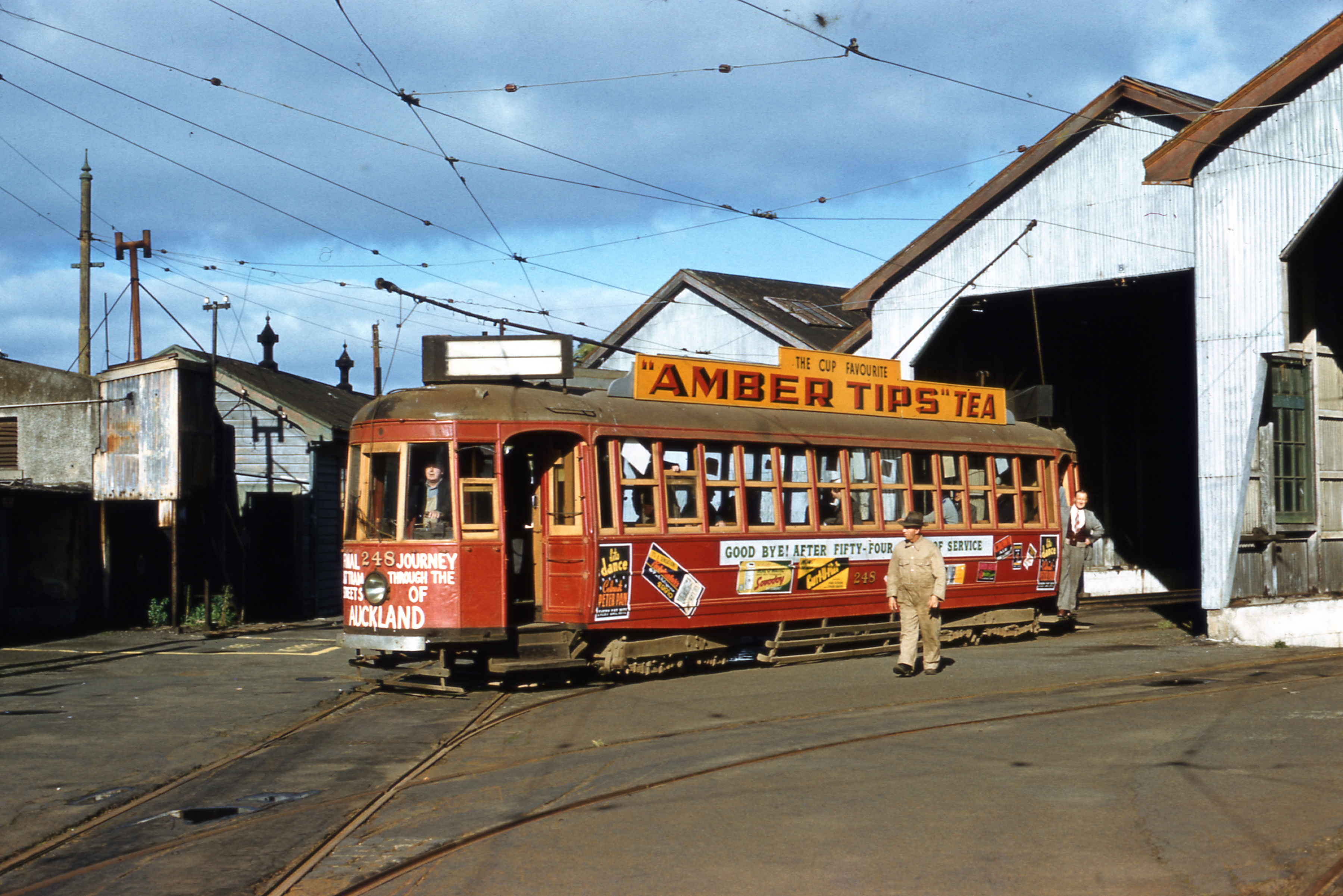 Keith Cullen. 6th April 1957.  248 leaves Epsom Depot sheds beginning its last trip to the Manukau Road Workshop. Supplied by David Cawood. 