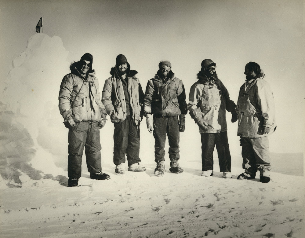 Tractor Party at Midway Depot, Ed Hillary, Murray Ellis, Jim Bates, Peter Mulgrew, and Derek Wright, Photographer unknown, Date Taken 4 January 1958. Antarctica NZ (11th Apr 2016). 