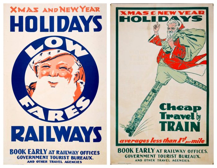 Lastly, as a little Xmas gift: Xmas and New Year Holidays Low Fares Railways. 1934-1937. New Zealand. Government Printer. ART-2019-20.6./Xmas & New Year Holidays Cheap Travel by Train. 1932. New Zealand. Government Printer. Stanley Davis. ART-2019-20.4.