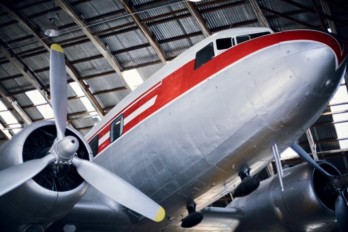 Douglas DC-3 aircraft stored in the Blister Hangar