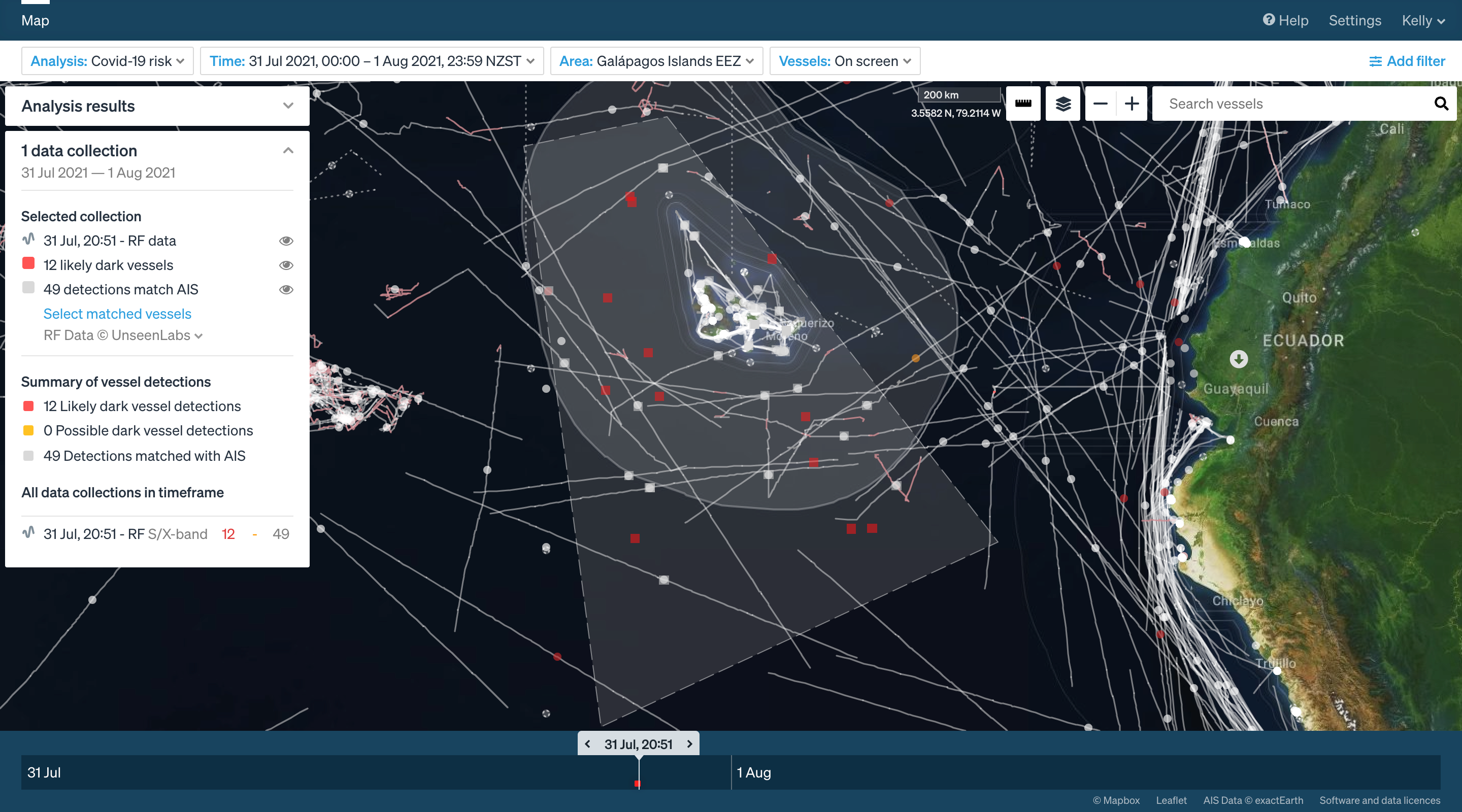 RF satellite detection of vessels near Galapagos Islands