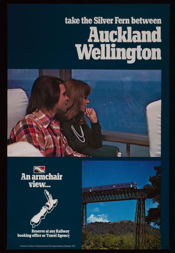 New Zealand Railways. Publicity and Advertising Branch. 1976. Take the Silver Fern between Auckland and Wellington, ART-2017-13.2. Walsh Memorial Library, The Museum of Transport and Technology (MOTAT).