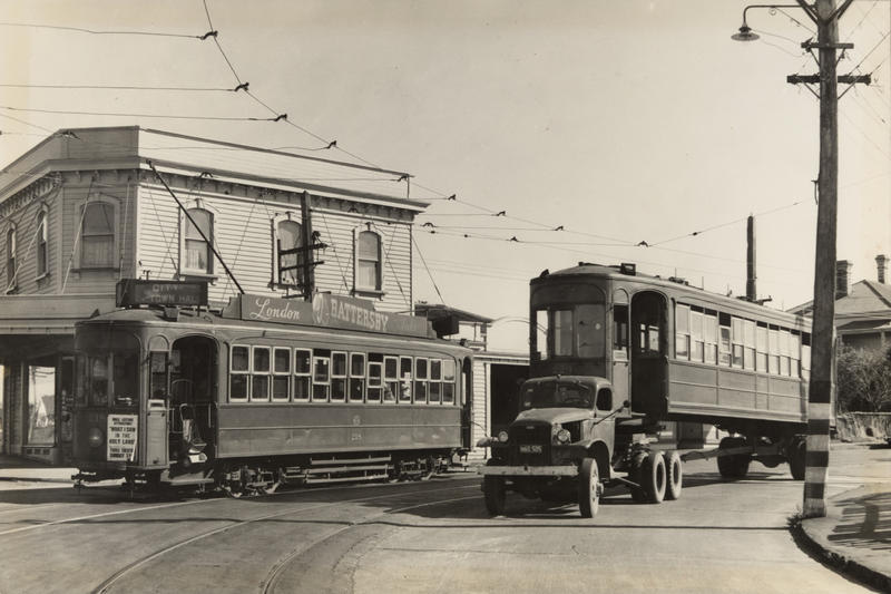 Photographer Graham Stewart captures Tram no. 218 and retired tram no. 224 on the corner of Manukau Road and Trafalgar Street. 1956. PHO-2017-5.31. Walsh Memorial Library, The Museum of Transport and Technology (MOTAT).