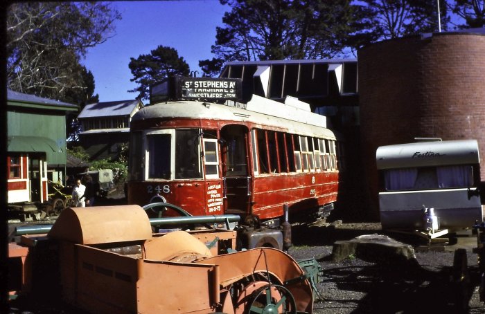 Unknown photographer.  1973. Tram 248 at MOTAT. Supplied by David Cawood. 248 before restoration. It was the first tram under power into the new tramway workshops at MOTAT 24th March 1973, which were a part of the ASB Transport Pavilion complex.  Supplied by David Cawood.  