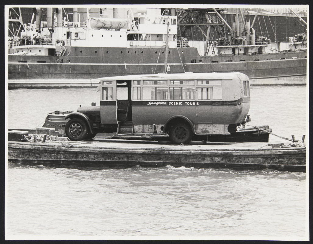 White Bus on barge from Rangitoto Island. 05-2247, Walsh Memorial Library, The Museum of Transport and Technology (MOTAT). Courtesy of NZ Herald Archive, 1965. 