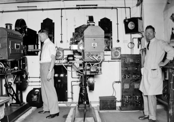 Civic Theatre projectionists, 1930s. John McGuire et al. 13-2273. Walsh Memorial Library, The Museum of Transport and Technology (MOTAT).