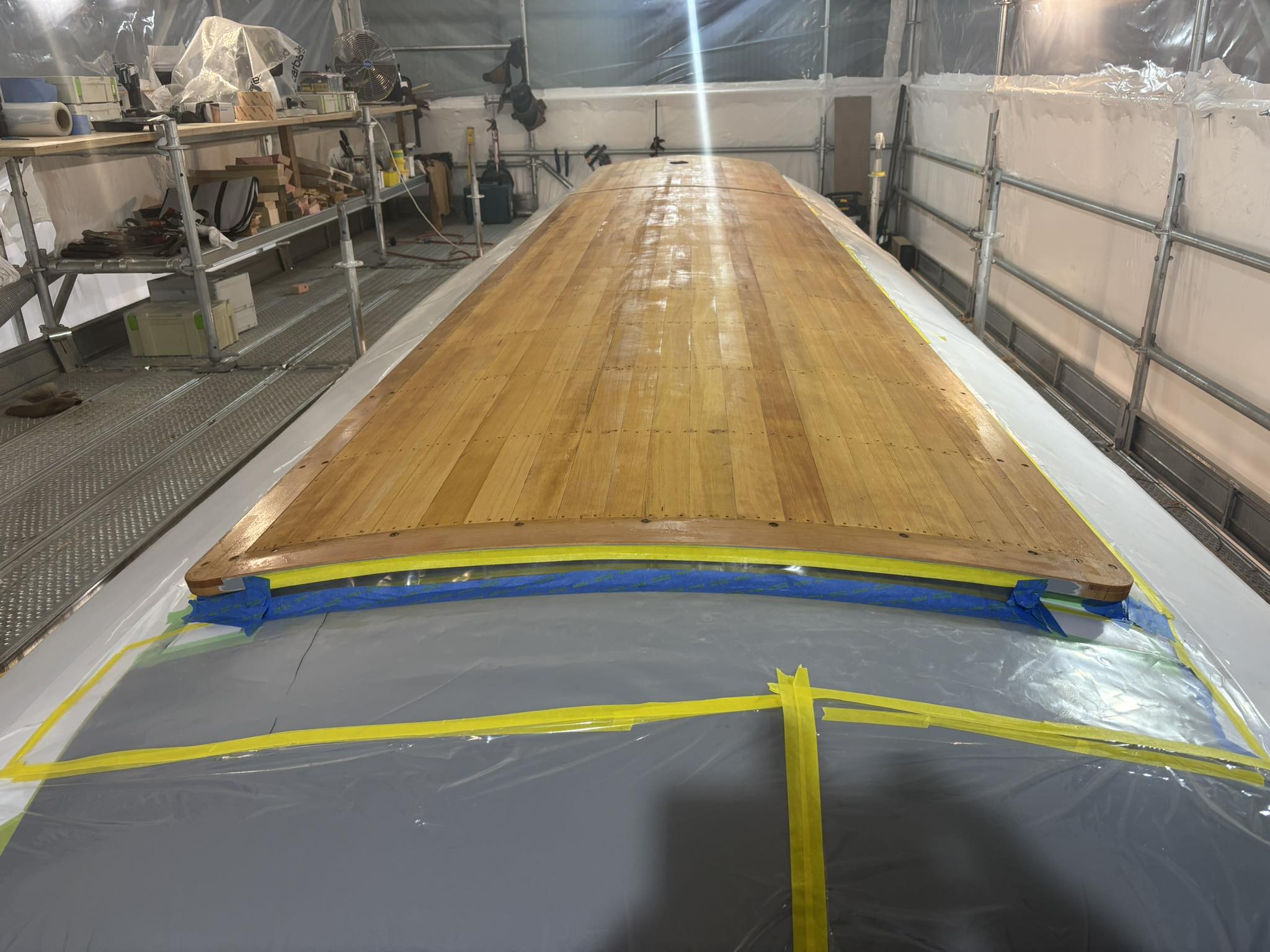 The monitor roof is Everdured (Epoxied), like the main roof, after being faired. It’s then filled and faired again.