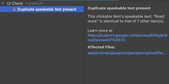 UI Check warnings from Android Studio. There is a warning 'Duplicate speakable text present', and it's selected. On the right side, there are more details about the problem this warning highlights.
