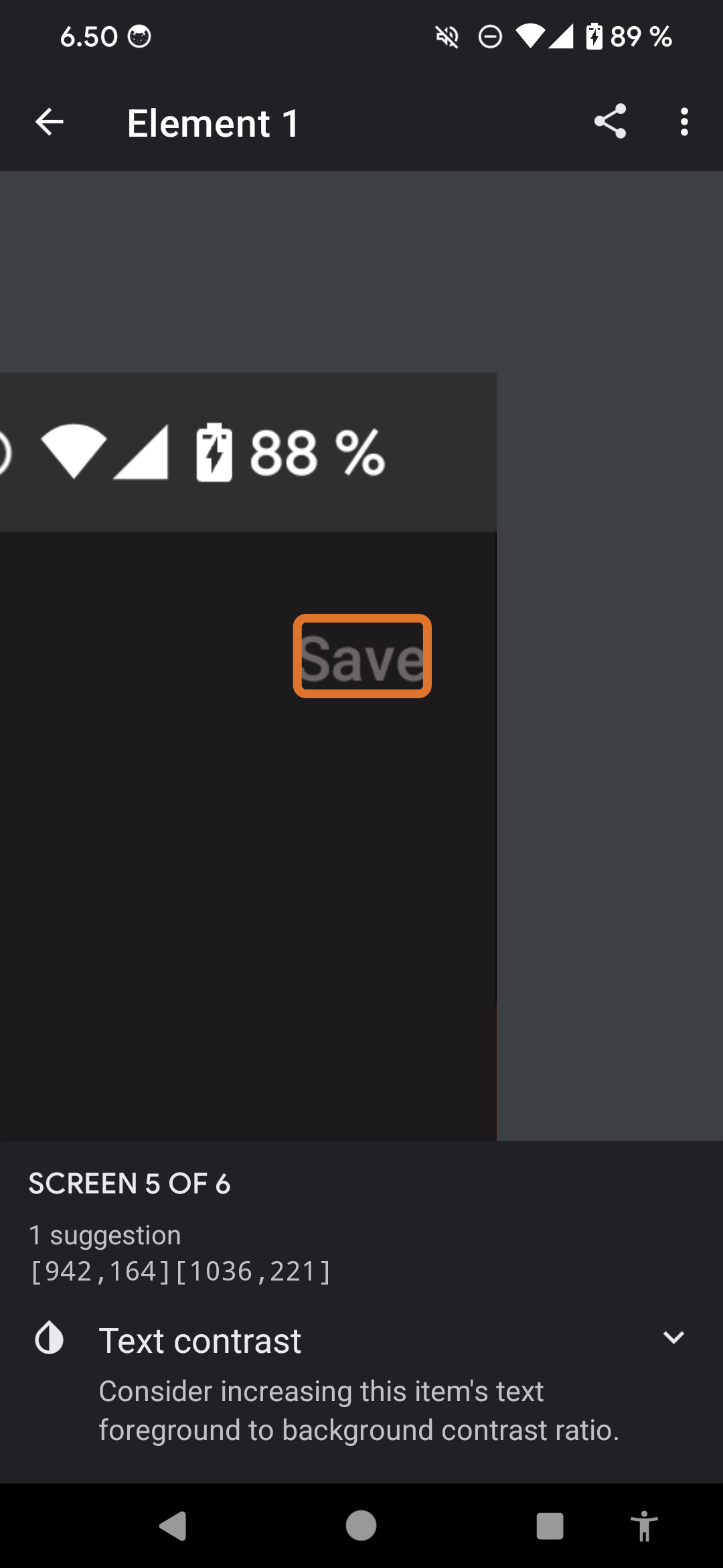 An issue with a disabled Save button having poor color contrast zoomed in on the button. Under the screenshot, there are details about the issue.