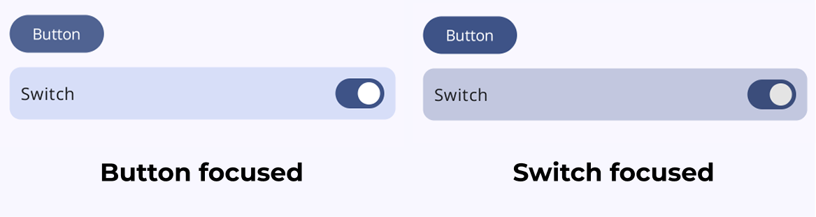 In the picture, there are two instances of the same UI element side by side: first, a button with the text 'Button', and below it, a switch with the label 'Switch'. Under the first one, there's a text Button focused, and the button is almost in a non-noticeably lighter color. Under the second one, the text is Switch focused, and the background of the Switch and the label is almost in a non-noticeably lighter color.