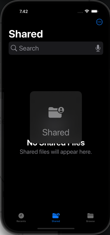 iOS's Files app, Shared tab open, with Shared menu item displayed on top of the screen as a card with the folder icon and text ‘Shared’.