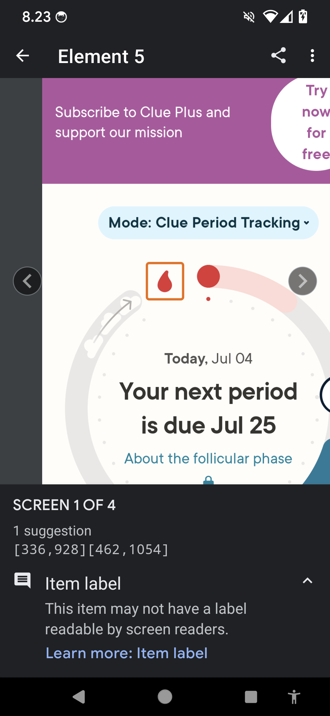 A more close look on the screen with the blood icon bordered with orange rectangle, and more details on the problems on the bottom of the page. 