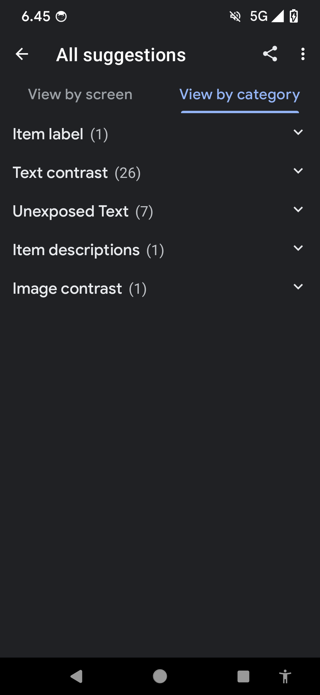 Screen with title 'All suggestions', and then closed accordions with texts Item label (1), Text contrast (26), Unexposed text (7), Item descriptions (1), and Image contrast (1).