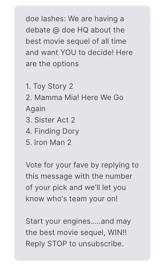 Doe Lashes Best Movie Sequel SMS Campaign 