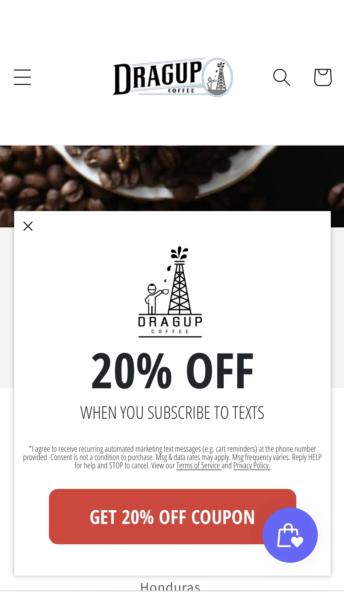 Drag Up Coffee Mobile Popup