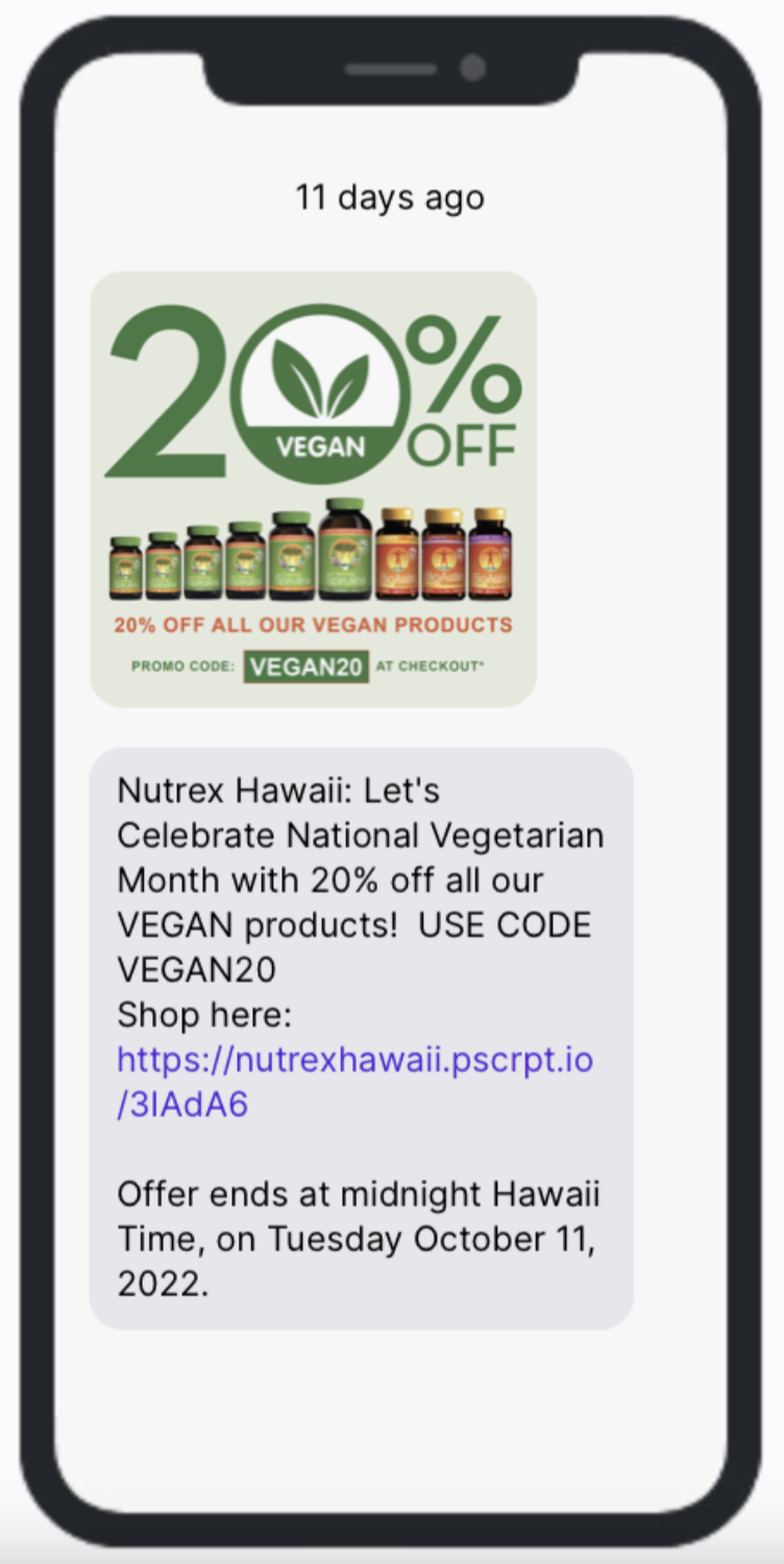 Nutrex Hawaii Veg Day SMS Example