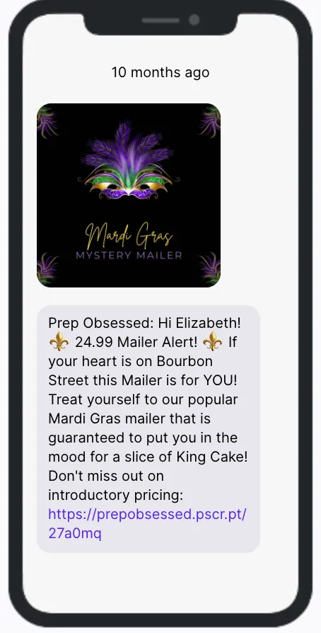 Mardi Gras SMS Campaign - Prep Obsessed 