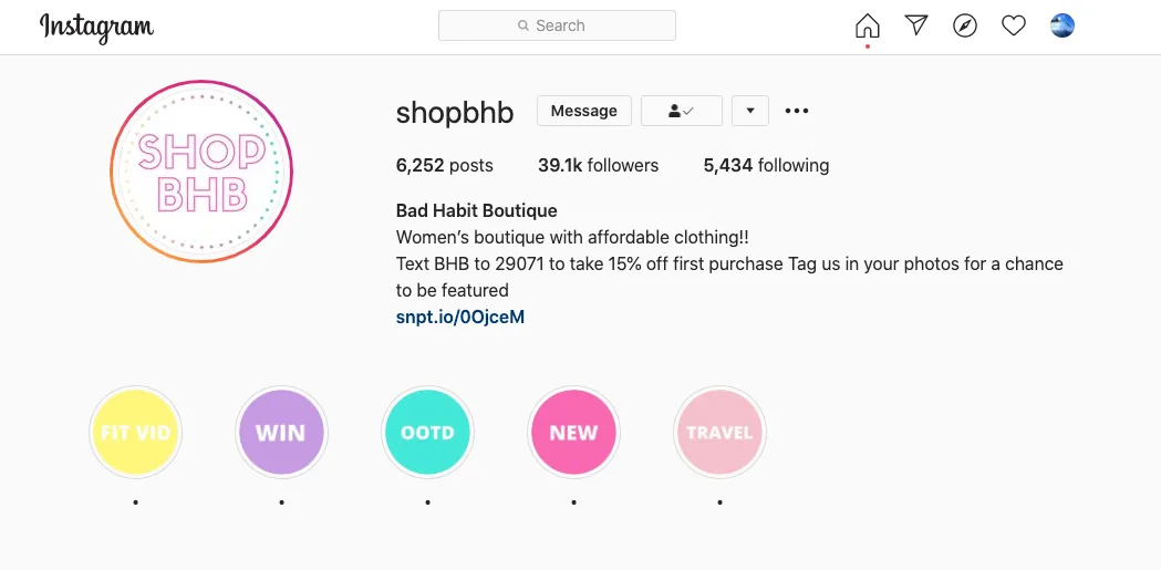 Bad Habit Boutique advertises their keyword and short code in their Instagram profile.