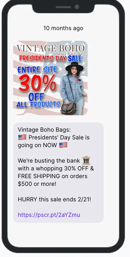 Presidents Day Sale SMS Campaign - Vintage Boho Bags