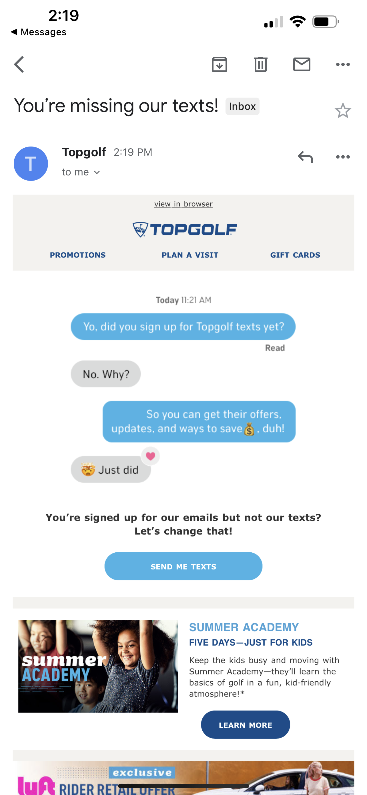 Top Golf SMS Email