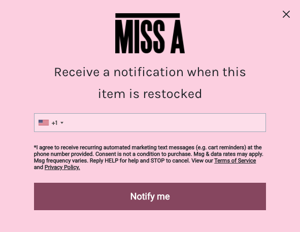 Shop Miss A's back-in-stock opt-in form