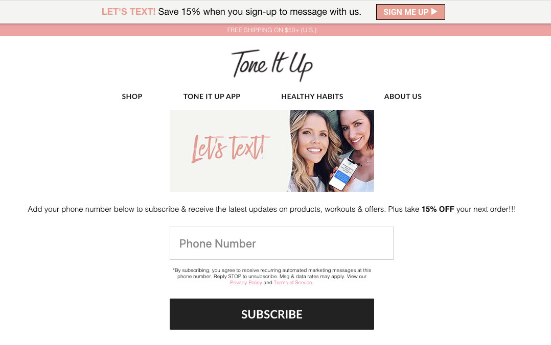 Tone It Up added a SMS lead-capture form to their website to collect more subscribers.