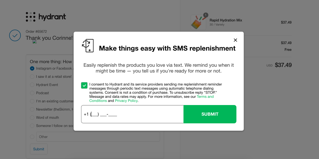 What an SMS pop-up during checkout can look like. This example is from Hydrant. 