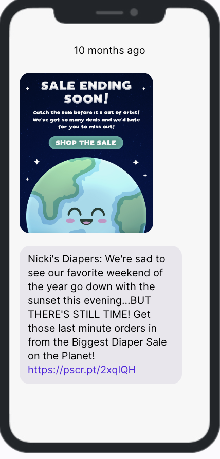 SMS Campaign Example - Earth Day - Nicki's Diapers
