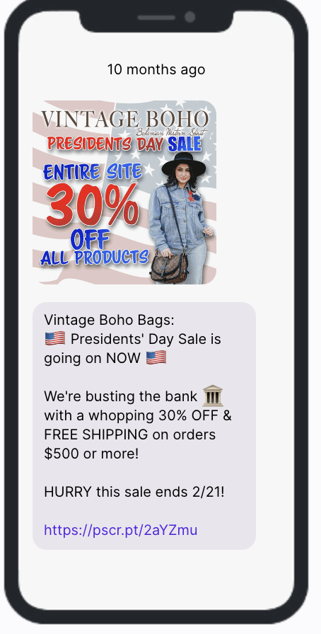 Presidents Day Sale SMS Campaign - Vintage Boho Bags
