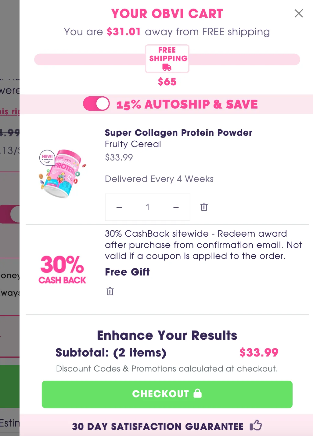 Obvi - CashBack Offer in Cart