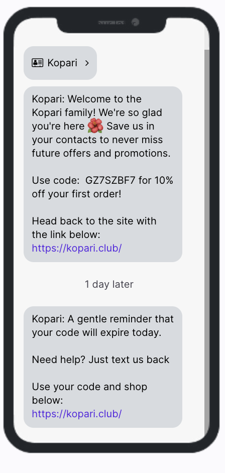 Two messages from Kopari's welcome flow, with contact card included