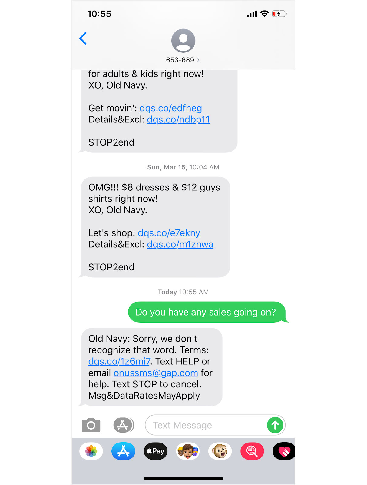 While it’s helpful that Old Navy sets up an auto-responder for inbound texts, imagine the delight if a customer actually got the information they needed as a response.