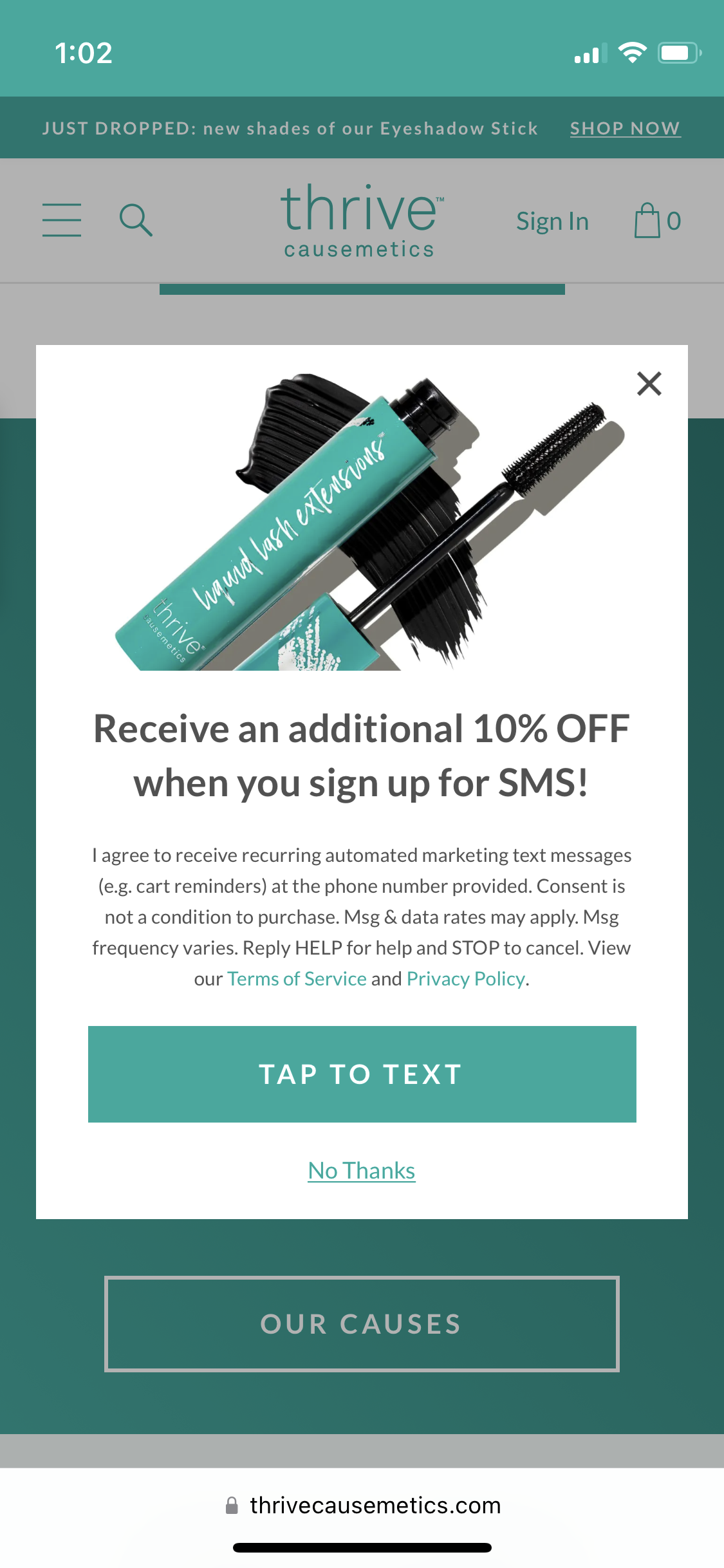 Mobile popup from Thrive Cosmetics