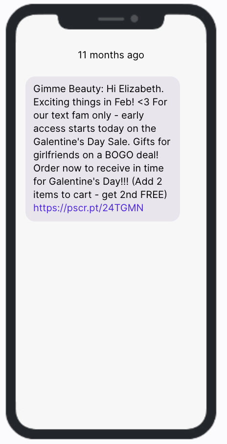 Galentine's Day SMS Campaign Example - Gimme Beauty