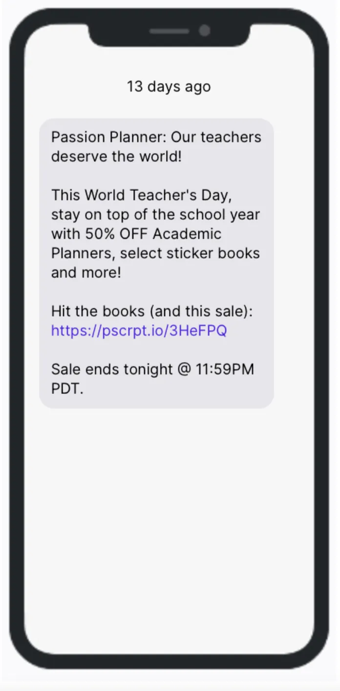 Passion Planner Teacher Day SMS Example