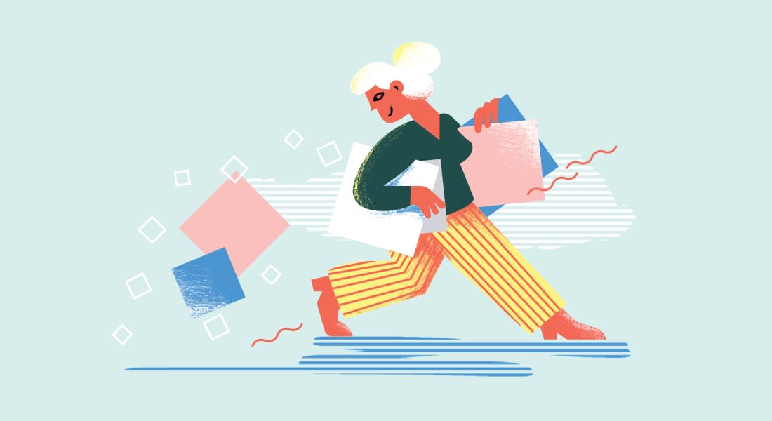 An illustration of a woman happily walking. She's carrying some documents under her arms, looking back thinking about how far she's come. She's en-route to delivering some high quality assessments to students.