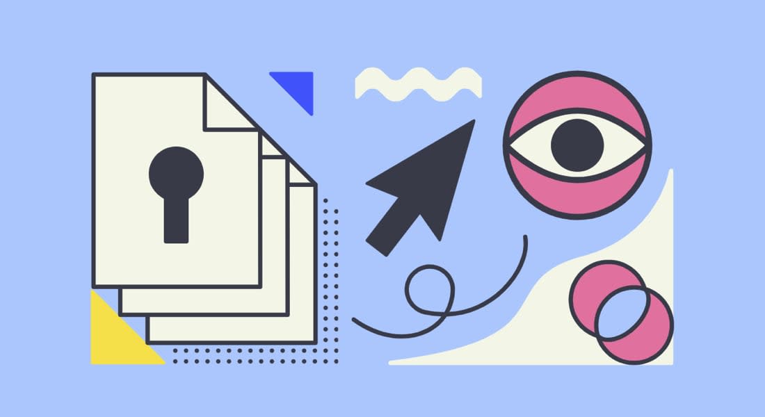 An illustration of an eye, secure documents, and a mouse cursor